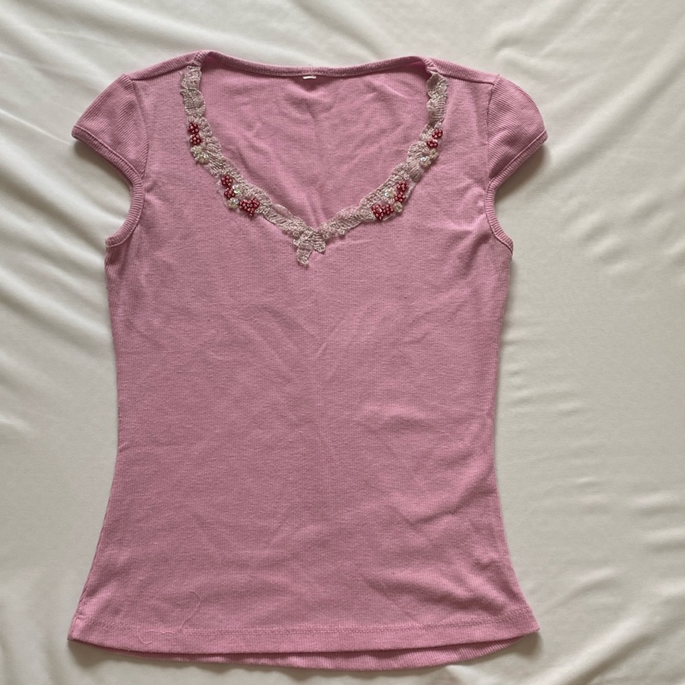 pink Y2K beaded tee shirt